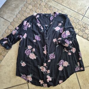 Torrid Black Button-Front Floral Blouse with Pink & Purple Flowers